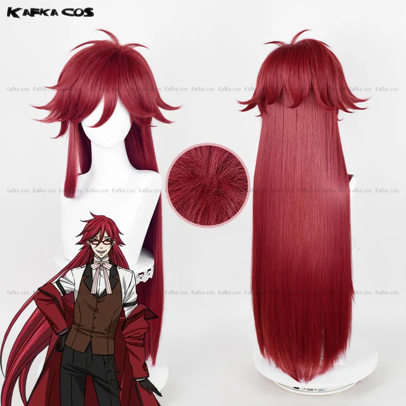 Anime Grell Sutcliff Cosplay Wigs Glasses Prop 90cm Long Dark Red Wigs Heat Resistant Synthetic Hair For Halloween