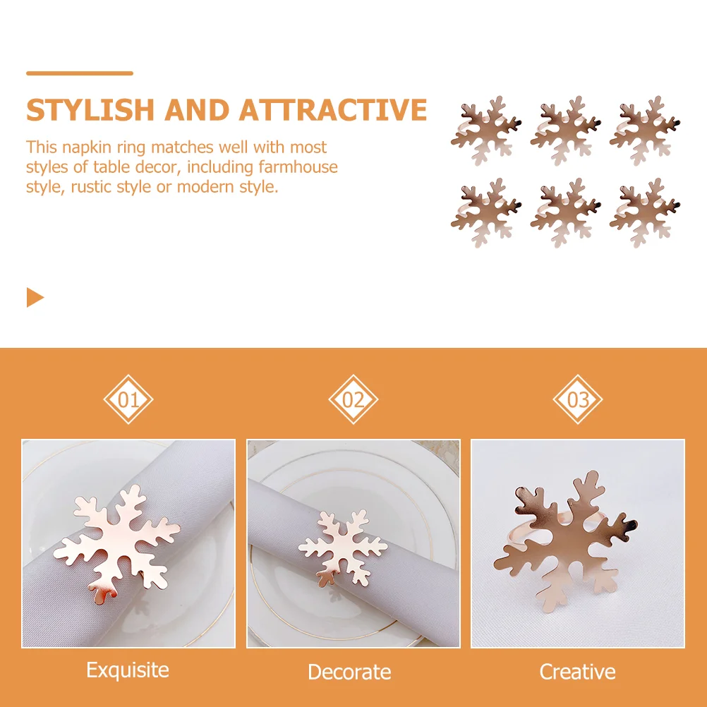 6 Pcs Napkin Buckle Rose Gold Rings Modern Style Holder Buckles Christmas Farmhouse Metal Snowflake Elegant