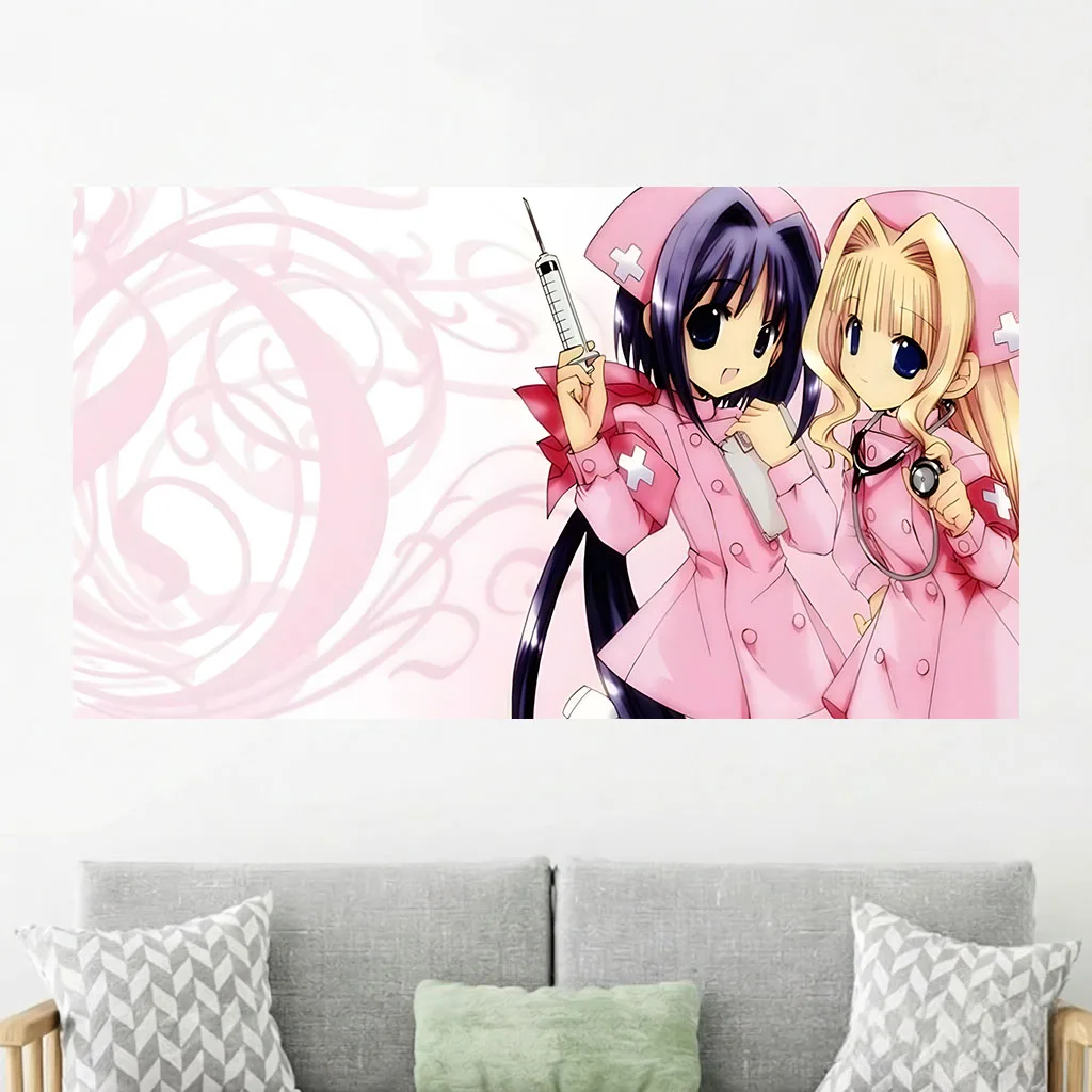 Pastel Kawaii Cat Ear Nurse Anime Wall Tapestry Manga Wall Hanging Bedroom Dorm Background Cute Aesthetic Room Decor Gift