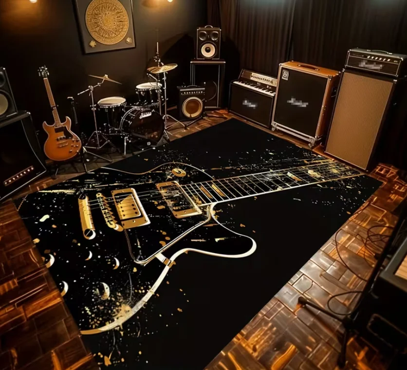Bottom Point Plastic Pattern Craft Golden Home Decor Modern Minimalist Black Background Guitar Art Carpet Decoration Mat