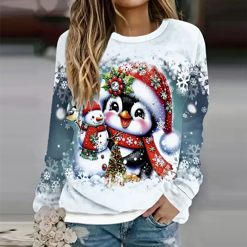 

Women Winter Hoodie Christmas Snowman Snowflake 3D Print Long Sleeve Sweatshirt Casual O-Neck Pullover Harajuku Comfortable Tops