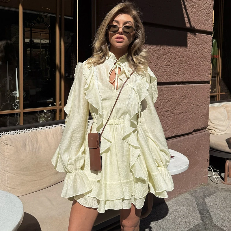 Typhaland Fashion Ruffled Lace Dress Women's Long Sleeve Casual High Waist Short Dress Lace Up Vacation Banquet Female Dress