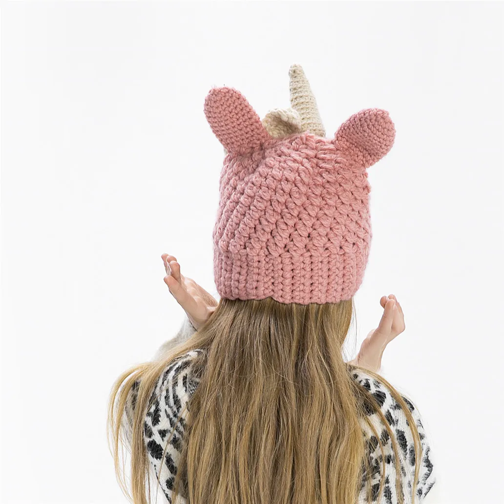 Hot Autumn and Winter Handmade Wool Knitting Funny Unicorn Bowknot Warm Boys and Girls Hat