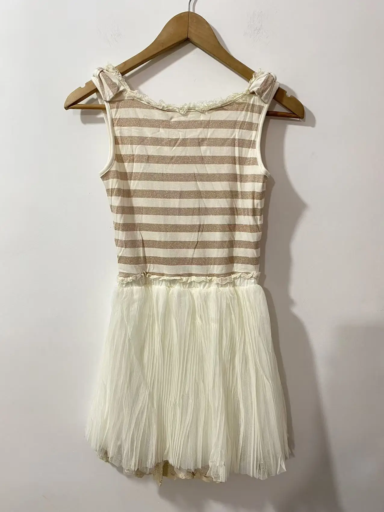 Sales Japan Style Summer Cotton Knitted Striped Golden Thread Bows Lace Mesh Vest Mini Dresses