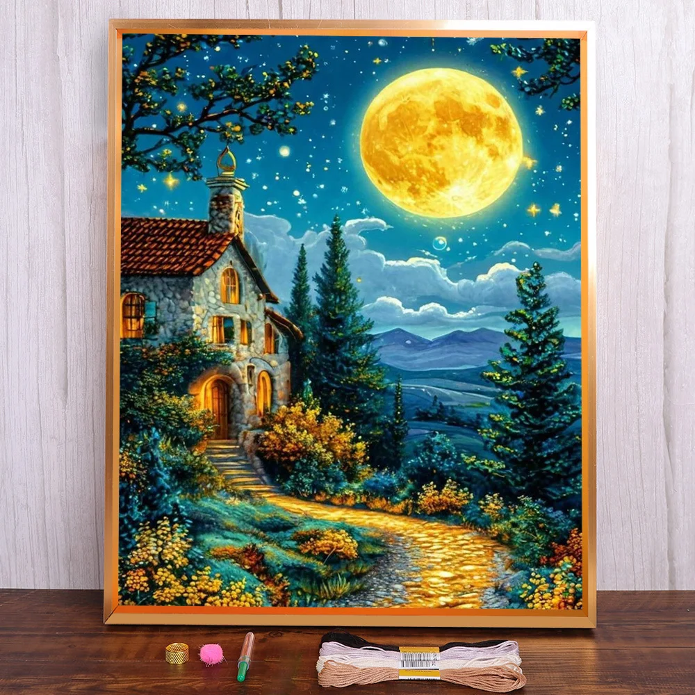 

Landscape Moon Night House Printed Cross Stitch DIY Embroidery Patterns Knitting Hobby Handicraft Sewing Magic Stamped Wholesale