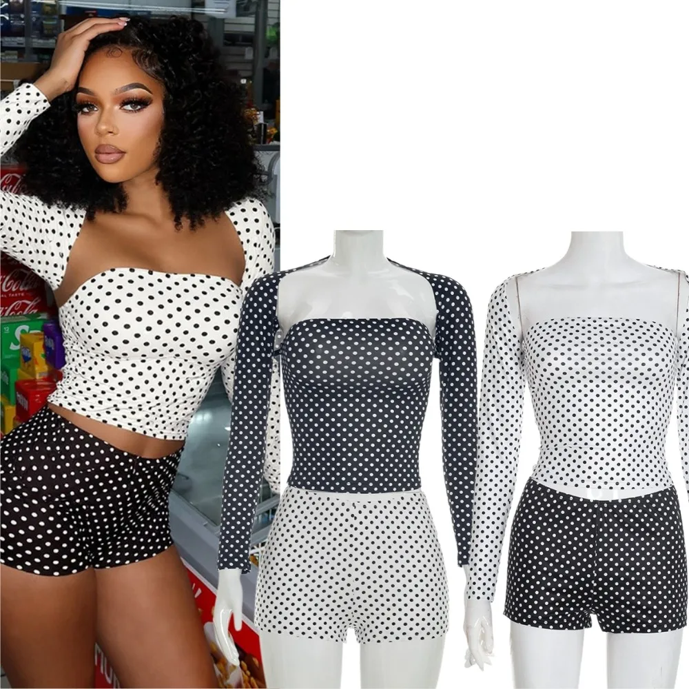 

FAGADOER Retro Fashion Polka Dot 2 Pieces Set for Woman Outfits Classsical Black White Vintage Crop Top+shortsFemale Streetwear