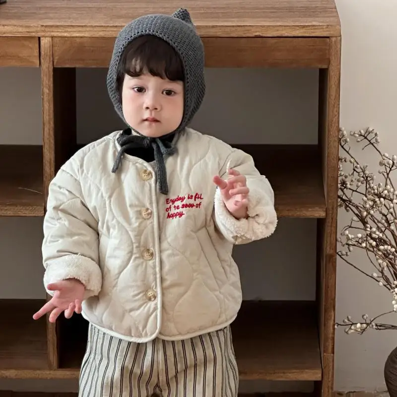 

Повседневное пальто с буквами для мальчиков и девочек, детская теплая куртка, одежда для малышей, зима 2025, новое детское теплое пальто с длинными рукавами, бархатное толстое