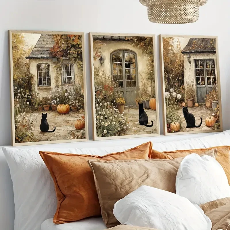 3pcs frameless Canvas Painting 3pcs/Set Black Cat Pumpkin Wall Art Retro Style Canvas Poster Autumn Halloween Painting Farmhouse