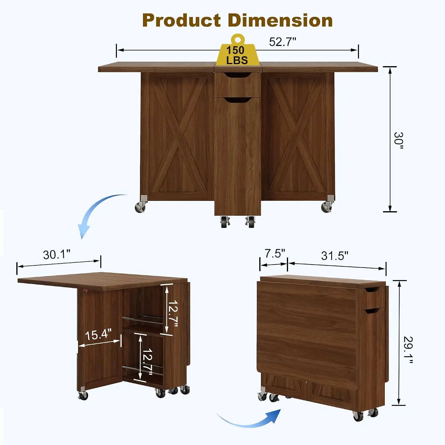 Extendable Drop Leaf Wood Dining Table For 4 To 6 People, Folding Kitchen Dinner Table Setup With Smooth Rolling Wheels, Space Saving Dining Room Furniture Collection With Storage Drawer, Walnut