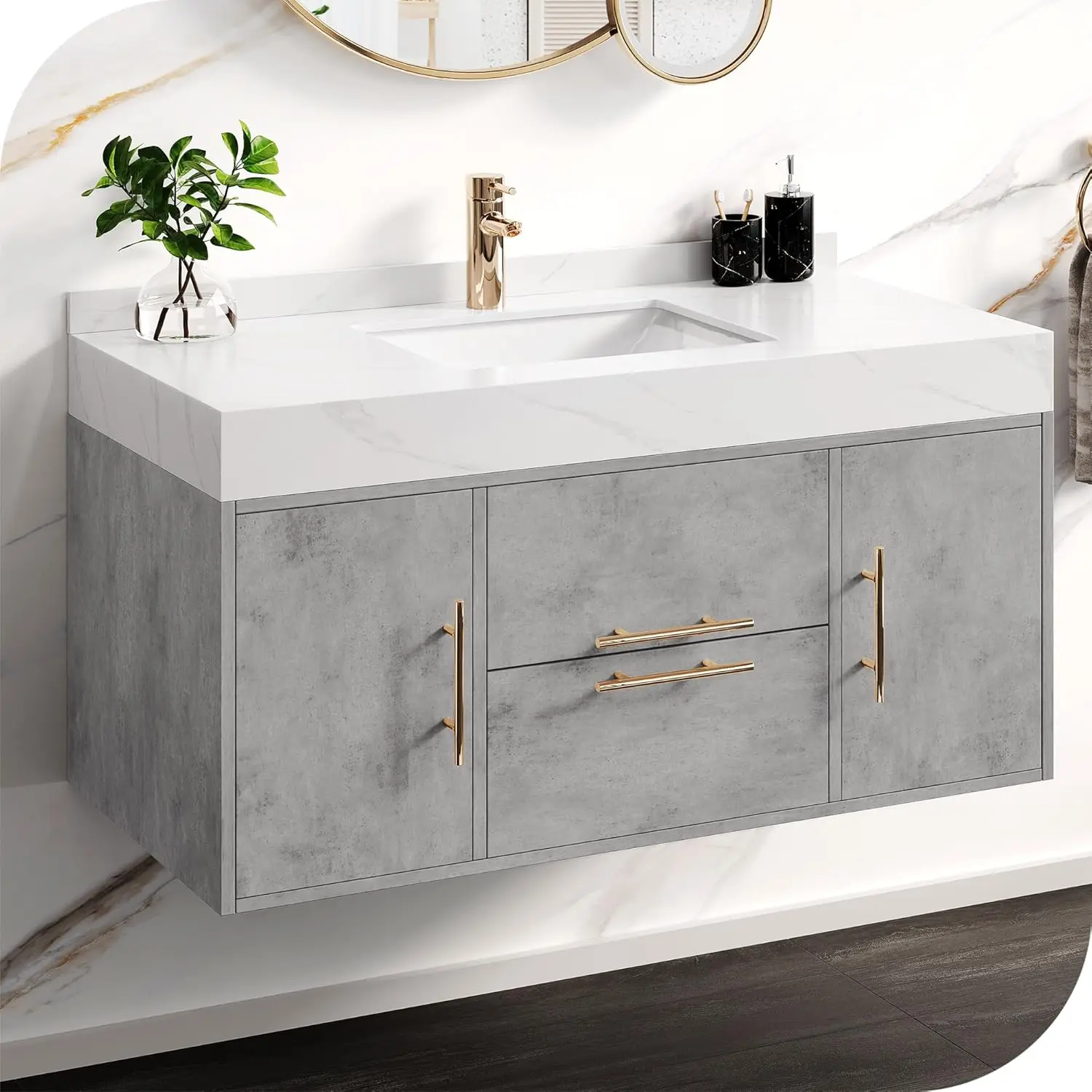 

DWVO 40 Inch Grey Floating Bathroom Vanity Wall Mounted Bathroom Vanity with White Sintered Stone Countertop and Ceramic Basin