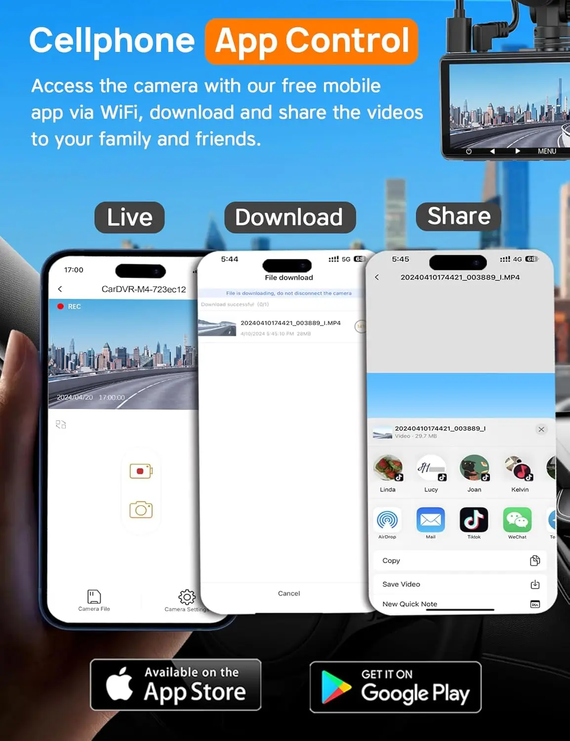 3 Channel WiFi Dash Cam Front and Rear Inside, 4K+1080P Dash Camera for Cars Front and Rear, Front and Inside, 2.5K+1080P+1080P
