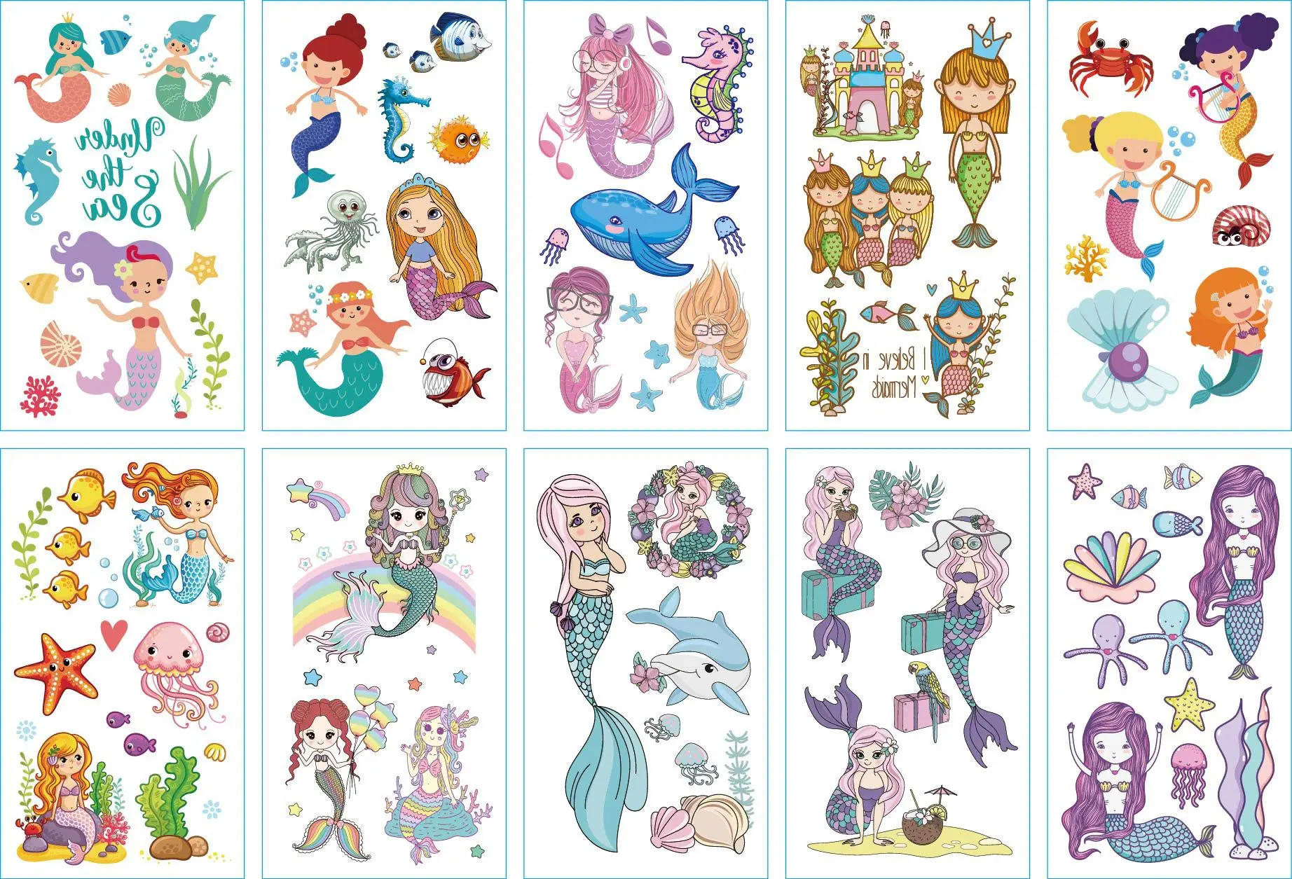 10 Pack Fake Tattoo Stickers Cartoon Temporary Tattoos Kids Arm Tattoos Kids Undersea Mermaid Fun Party Tattoo Stickers