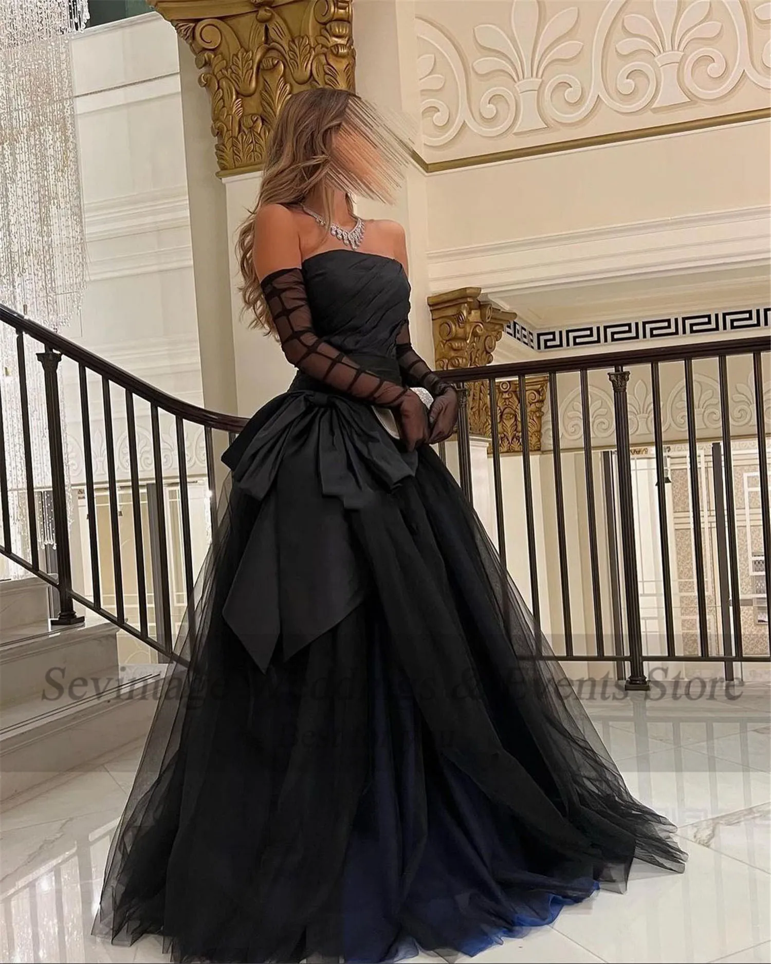 Sevintage Schwarz Saudi-arabien Prom Kleider Tüll Satin Falten Bogen Abendkleider Liebsten Formale Hochzeit Brautjungfer Kleid