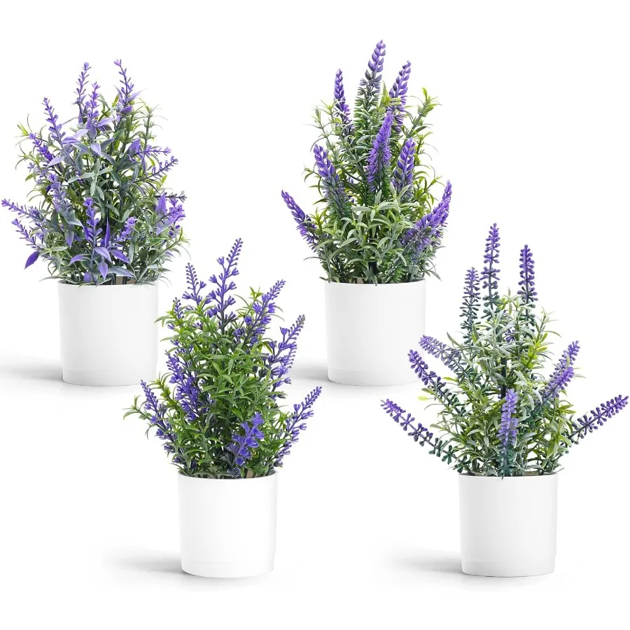 

Lavender Flowers Artificial 4 Pack Small Fake Plant Potted 9.45 Lavender Flowers for Bathroom Kitchen Bedroom Farmhouse Shelves