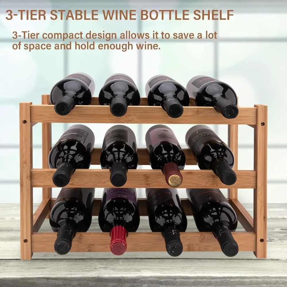 3-Tier Bamboo Wine Rack Holds 12 Bottles, Sturdy Countertop Storage for Kitchen Bar Dining Room, Easy Assembly