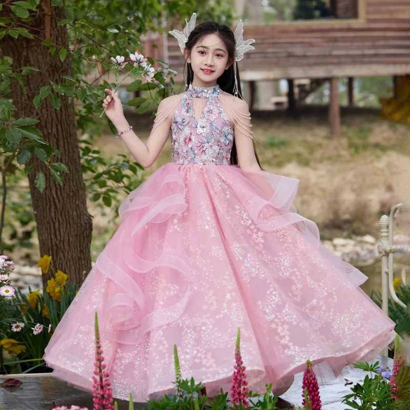 Girls' Pink Birthday Dress High-End Light Luxury Niche Host Girl Princess Dress Children's Piano Performance Dress