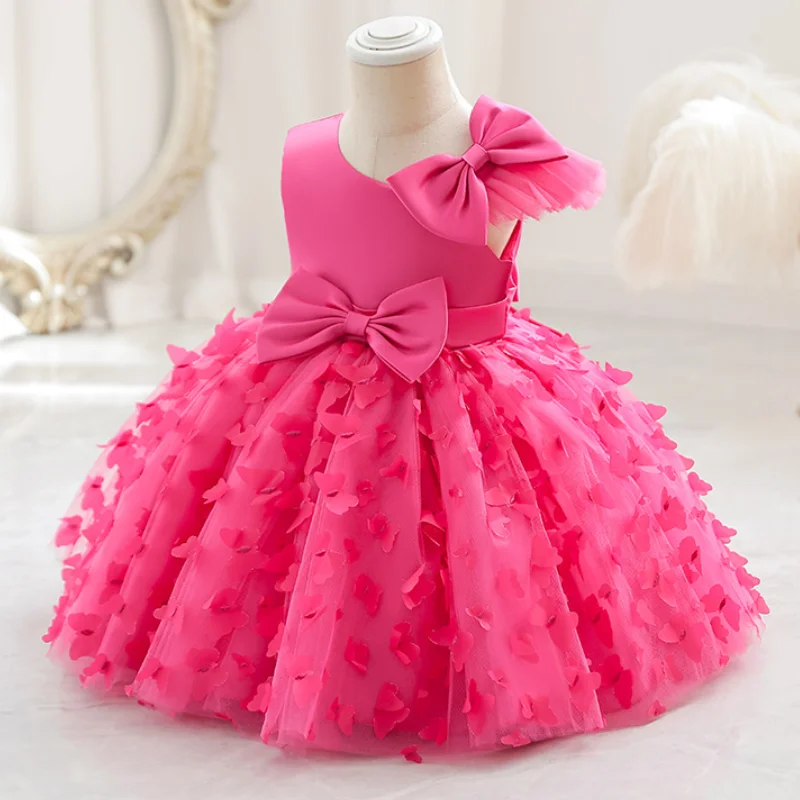 New Cute Butterfuly Flower Girls Brithday Wedding Dress Baby Kids Beauty Dress With Bownot