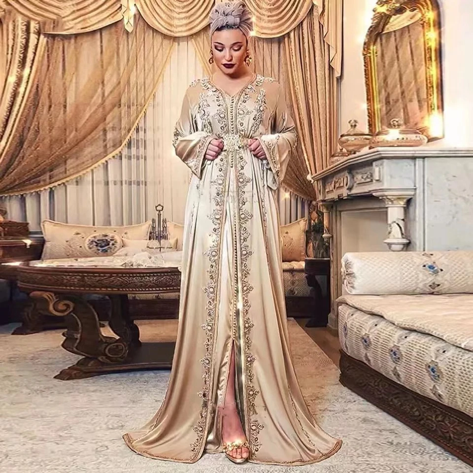 Customized Luxury Moroccan Caftan Formal Evening Dresses V-Neck Sparkly Crystal Beaded Arabic Muslim Party Guest Banquet Gowns