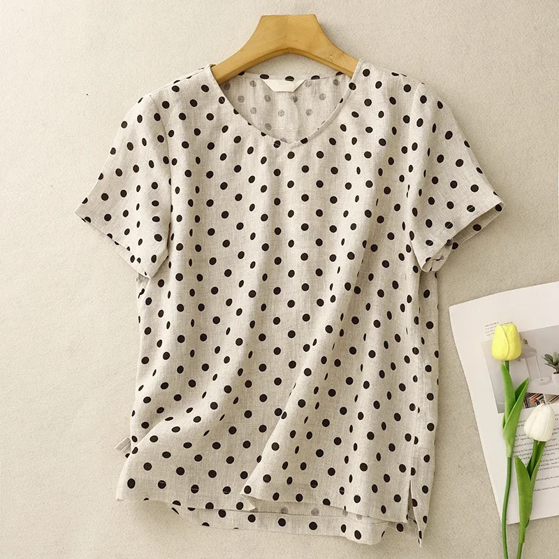 

PopCotton Polka Dot Printed T-shirt Female Summer New Korean Version Of The Fashion Literary Leisure Short-sleeved V-neck Blouse