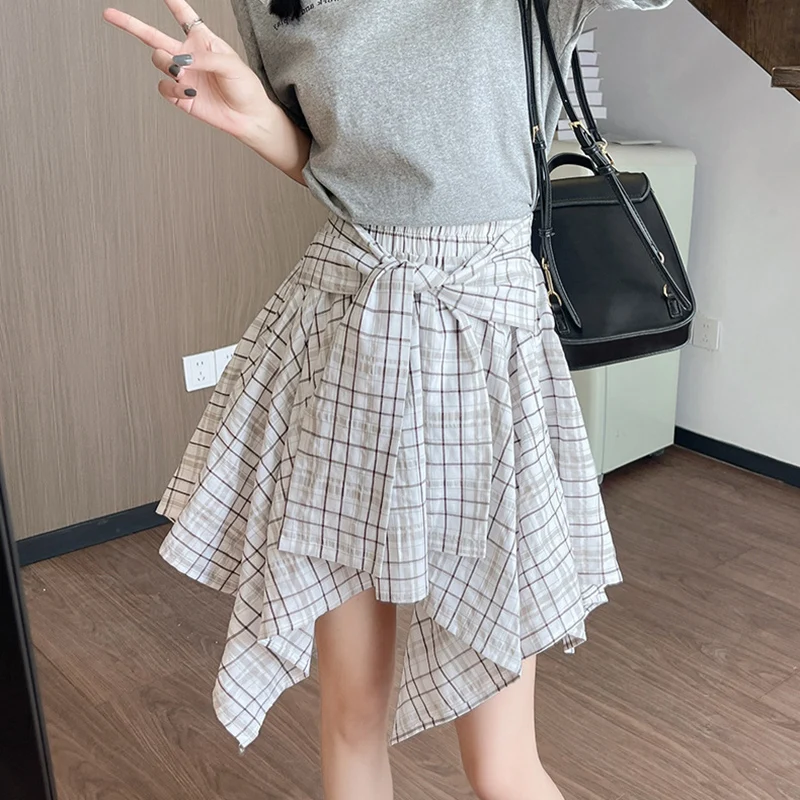 

Летние юбки в клетку 2026 года: винтажные короткие юбки А-силуэта с завязками, женские уличные юбки-рубашки с высокой талией