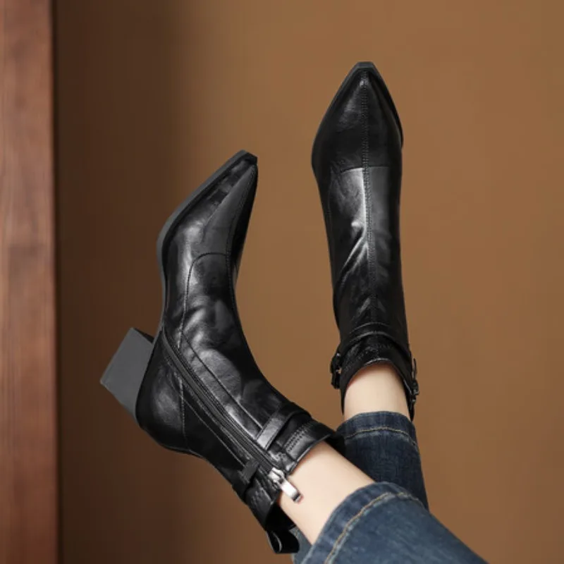 Sepatu Bot Wanita Musim Gugur Terbaru, Ujung Runcing, Hak Tebal, Sepatu Bot Musim Dingin dengan Gesper Sabuk