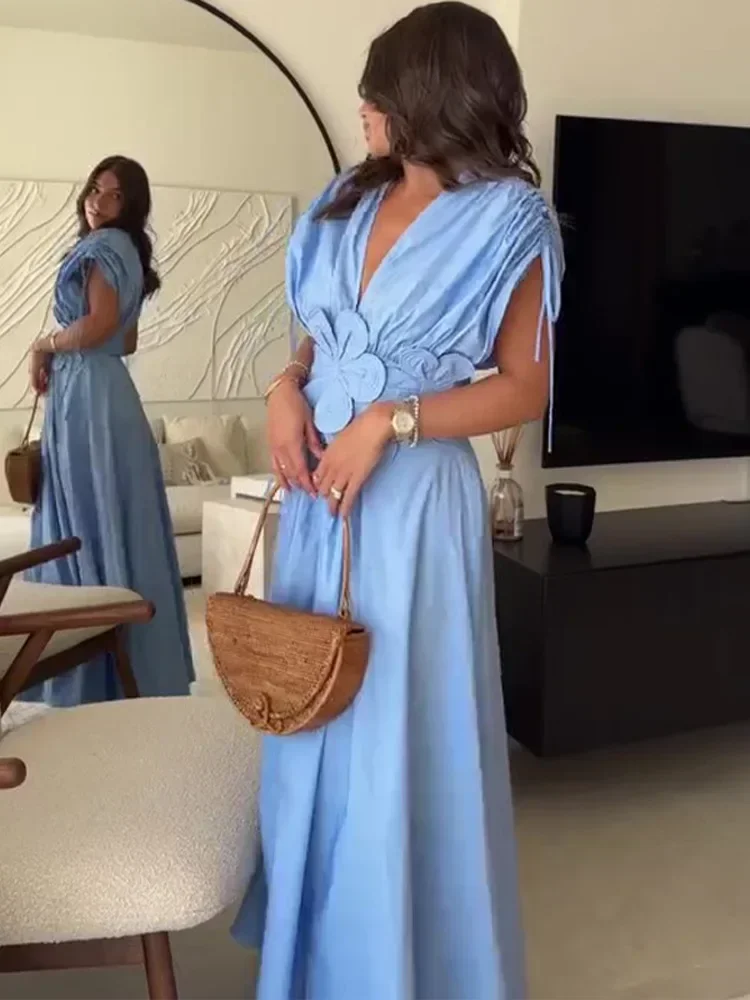 Women Elegant 3d Flower Solid Pleated Long Dress Chic V Neck Short Sleeved Drawstring Lace Up Robes Summer Lady High Street Wear image 6