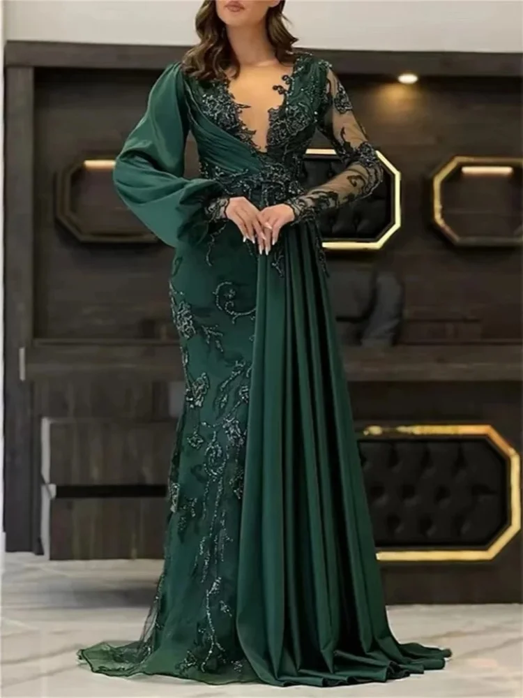 

2025 Elegant Long Sleeve Train Sweep Muslim formal occasion dresses Prom Dress Lace Appliques V Neck Mermaid Evening Dress
