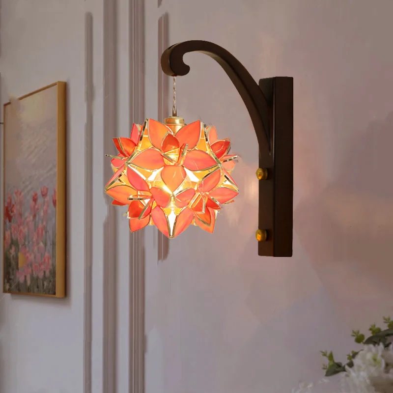 Elegant Handcrafted Glass Lampshade Wall Light Wood Vintage Brass Lamp Head with Adjustable Hanging Wall Sconce Lamp for Home