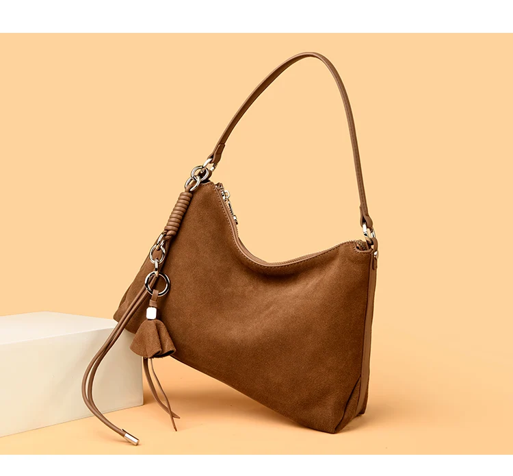 100% Echtes Wildleder Damen Schulter-Umhängetaschen Retro Echtleder Handtasche Designer Große Kapazität Pendler-Handtaschen – Detail 5