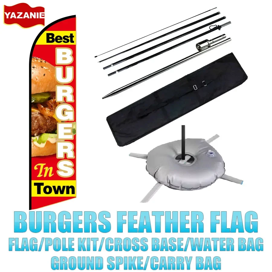 Burgers Feather Flag Set with 11ft Flag Pole Kit Ground Stake Cross Base Single Double Sided Restaurant Advertising Beach Flag