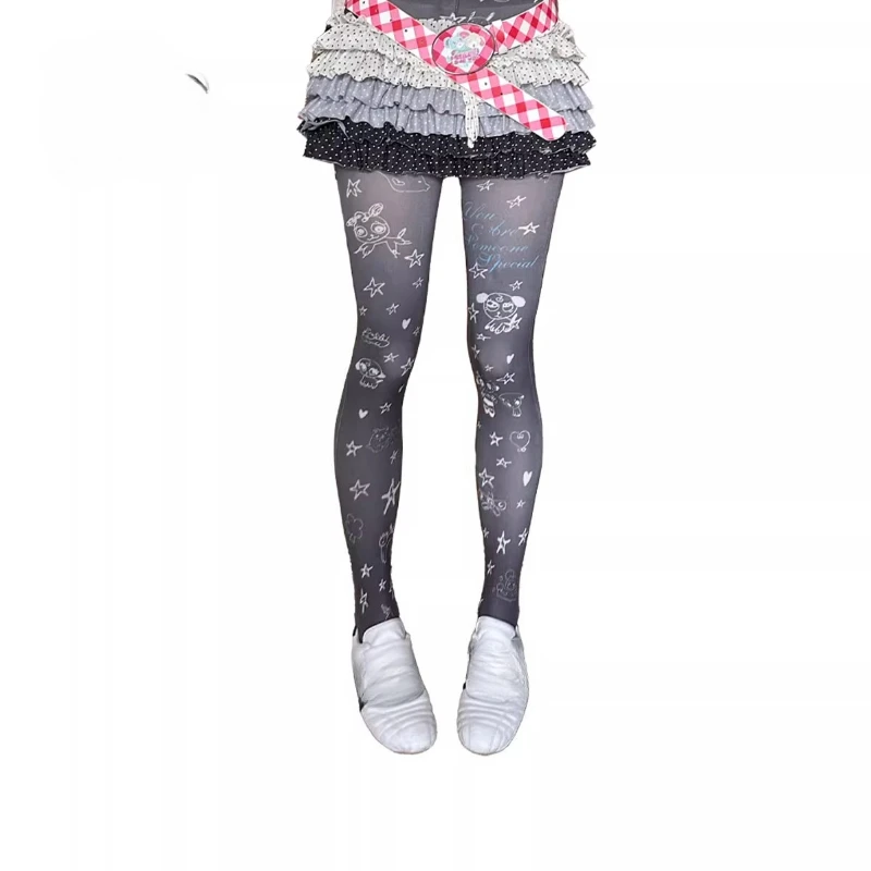 Japanese Original Design White Y2K Print Irregular Graffiti Full Print Women's Stockings Autumn New Cute Versatile Tights Ladies