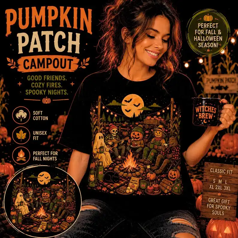 Halloween Bonfire Scene T-shirt Pumpkin Ghost Bonfire Illustration Passing By Skeleton T-shirt Neon Skeleton Hide and Seek Cat