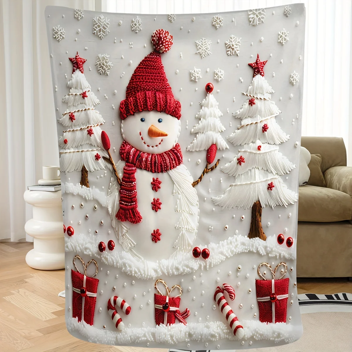 1 Stück 2D-Decke mit flachem Muster, Weihnachtsschneemann, Weihnachtsbaum-Kombinationsmuster, geeignet für Sofas, Betten, Innendekoration