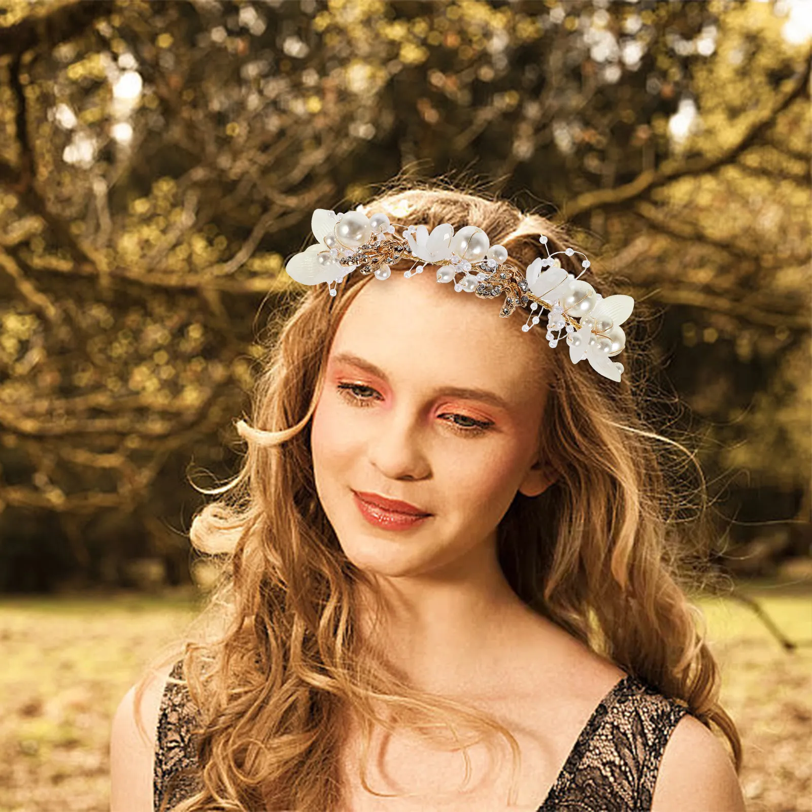 Pearl Flower Crown Headband Elegant Girl Hair Accessory for Birthday Wedding Party Photoshoot Hair Bands