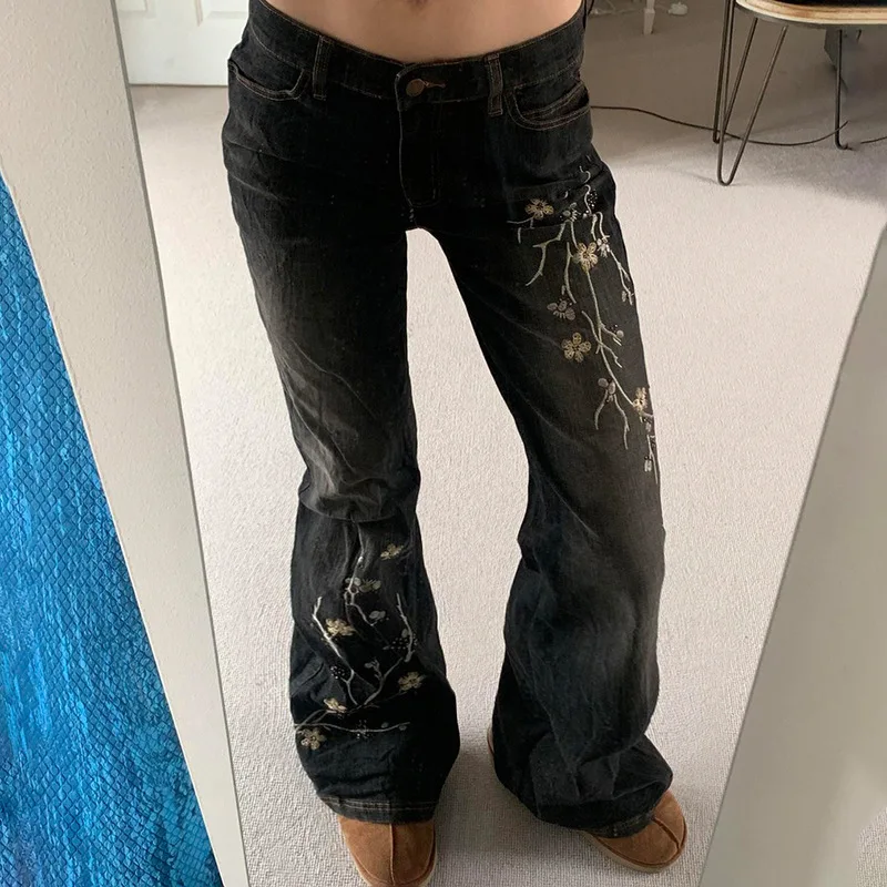 Bootcut Jeans Denim Pant Women Vintage Washed Floral Embroidery High Waist Trousers Y2k Streetwear Work Casual Elegant Spring