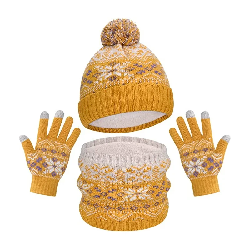 Conjunto de 3 piezas para niños y niñas, gorros, bufandas, guantes de punto, rayas clásicas a cuadros, copo de nieve, forro polar grueso, Invierno