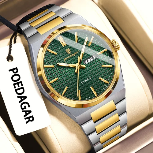 Imagen 2 del producto POEDAGAR, reloj de lujo a la moda para hombre, fecha semanal, relojes luminosos impermeables de acero inoxidable para hombre, reloj de pulsera de cuarzo de negocios para hombre