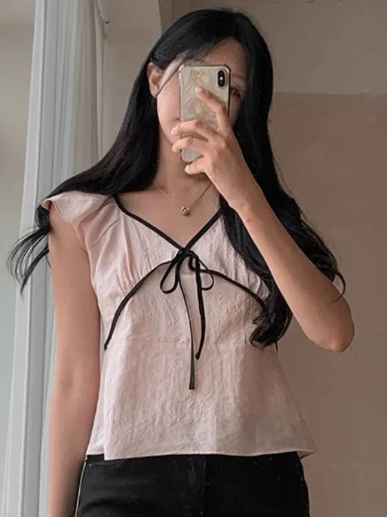 Retro V-ne Belted Loose Casual irt Summer New Sle Color Blo Fly Sve Women's Premium Sweater Online Exclusive