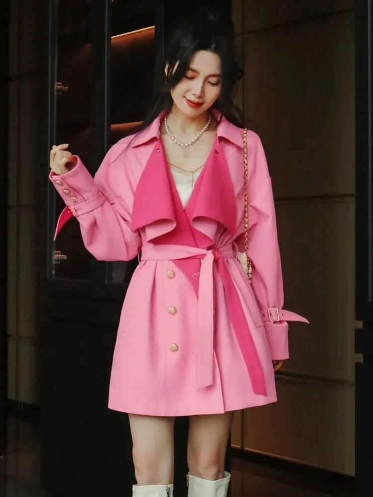 Women Sweet Mixed Colors Double Breasted Trench Coat Spring Autumn Office Ladies Fashion Medium Long Casual Sashes Windbreaker