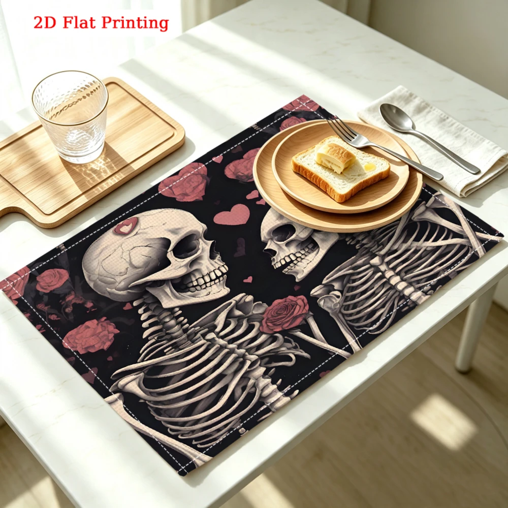 2Pcs Gothic Skeleton Love Placemat Black Skull Rose Print Table Mat Kitchen Dining Decor Non Slip Heat Resistant 30X40Cm