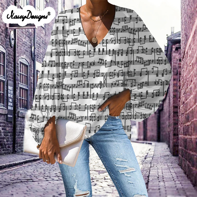 Noisydesigns Custom Womem Große Größe Bluse Musical Notes Drucken Casual Mädchen Lose Langarm-shirt Tops V-ausschnitt Dropshipping