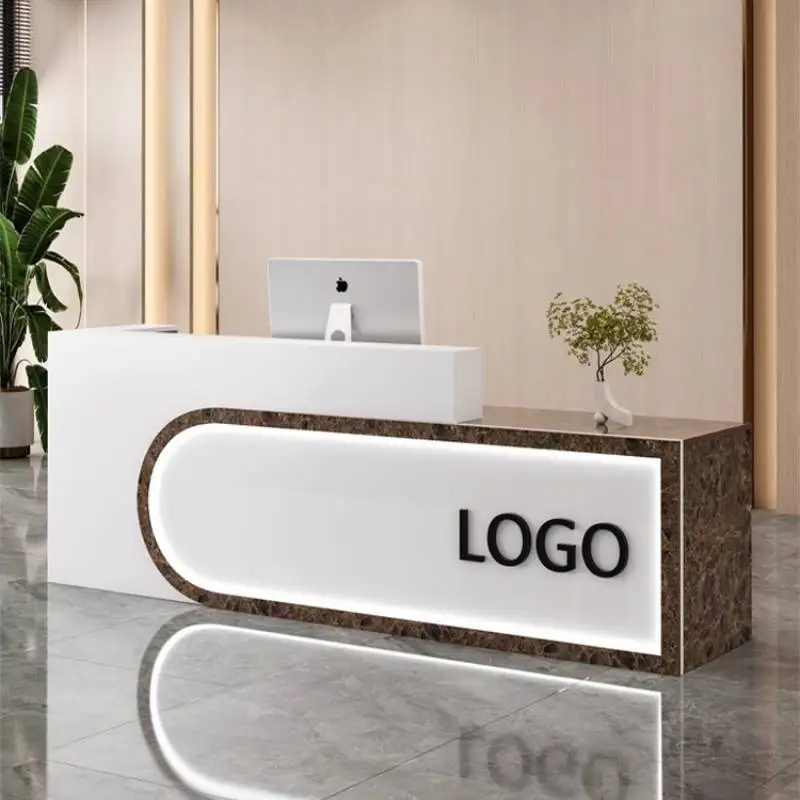 تصميم مكاتب الاستقبال للتخزين باللون الأسود، مكاتب استقبال صغيرة وحديثة فاخرة، أثاث استقبال من الخشب ذو الزاوية البيضاء