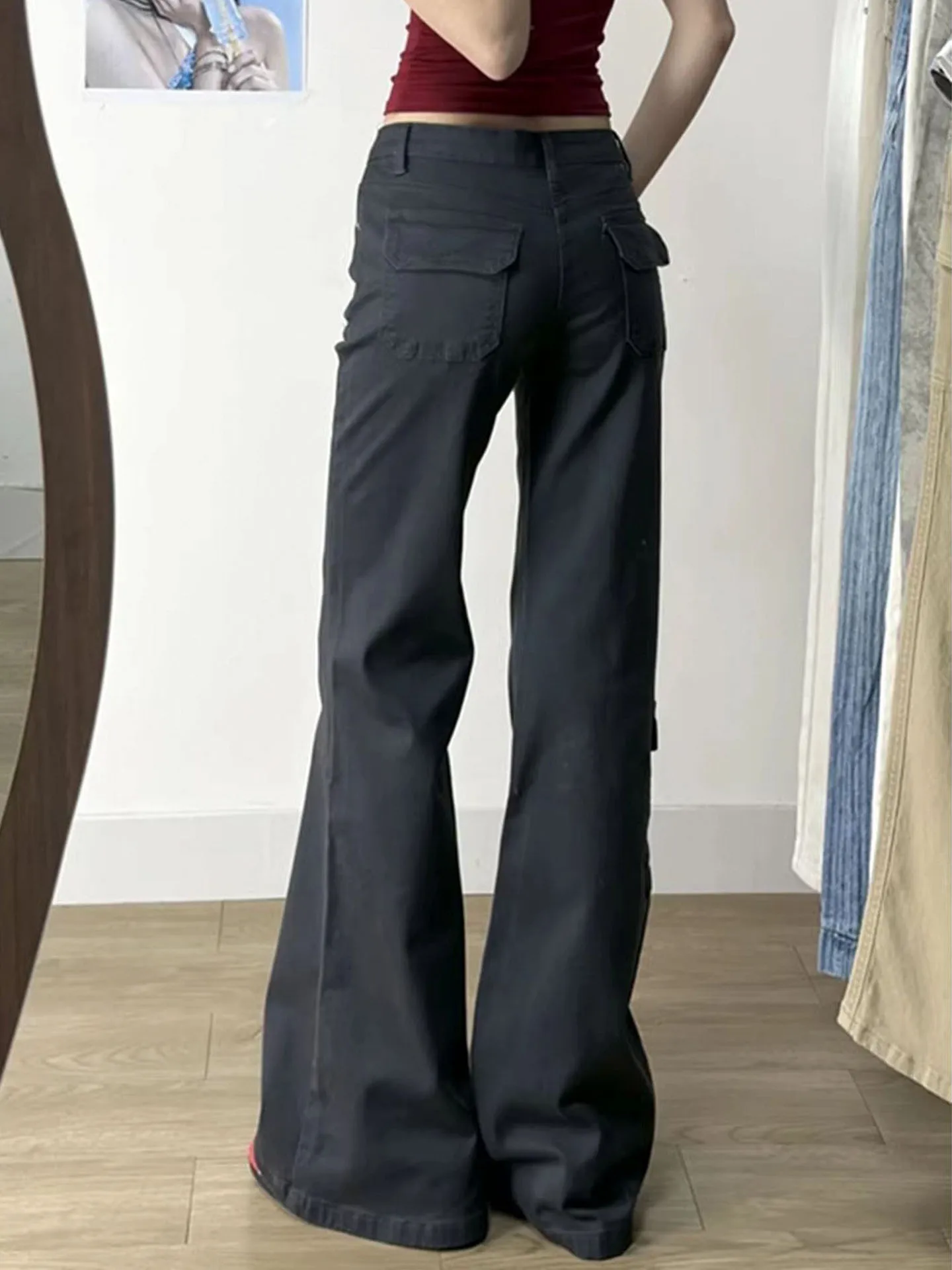 American Style Multi Pockets Flare Jeans Women's Fashionable Trend Retro Low Waist Slim Denim Pants New Versatile Cargo Trousers
