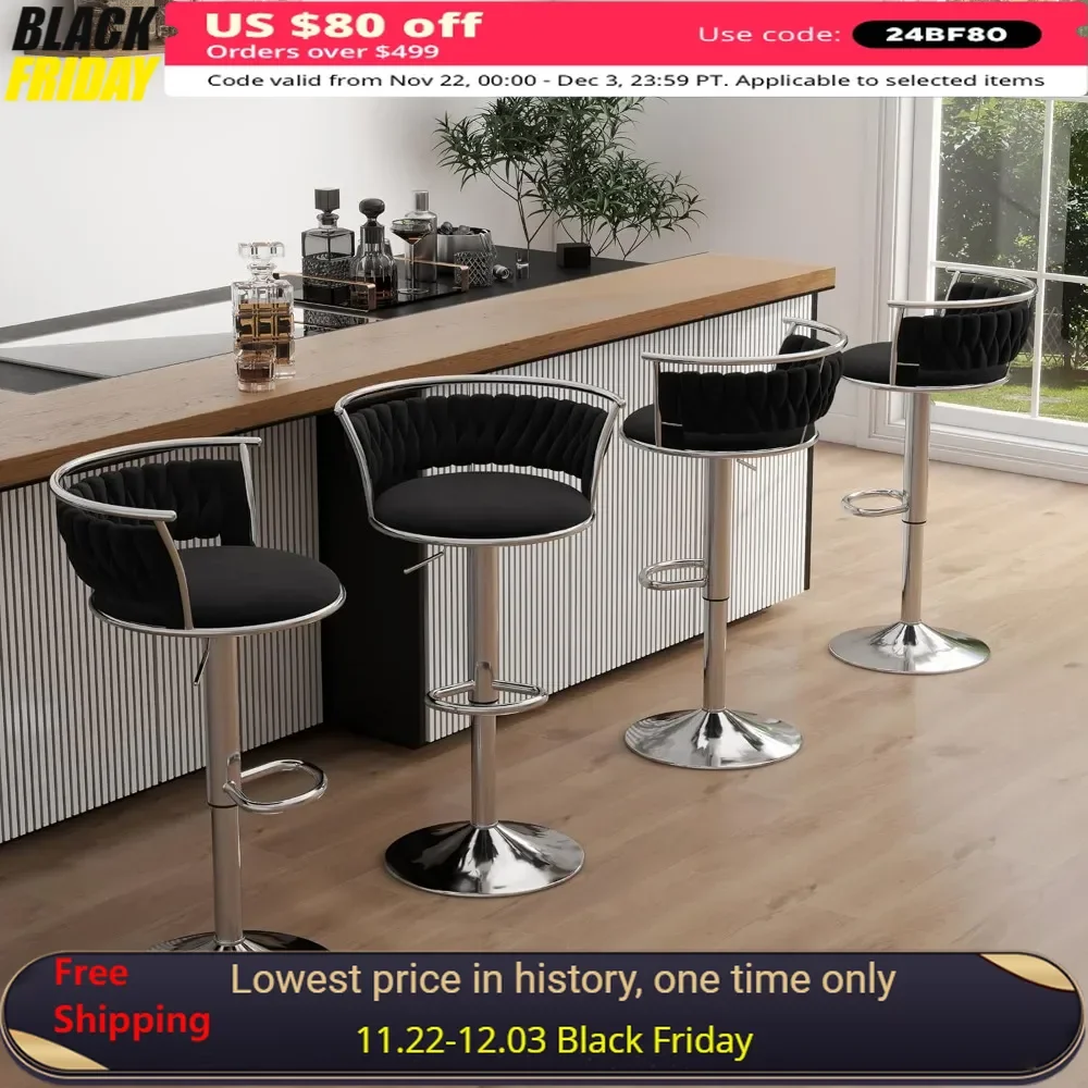 

Bar Stool, Set of 4, 360° Swivel, Height Adjustable,High Velvet Upholstery,Metal Stool with Woven Back and Footrest,Dining Chair