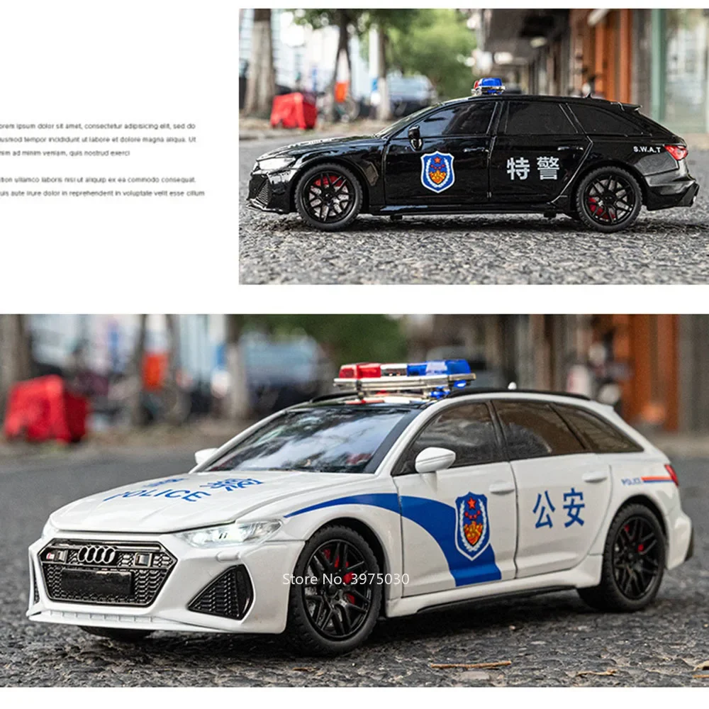 1:24 AUDI RS6 Police Cars Miniature Models Alloy Diecast Toys with Sound Light Pull Back Vehicles for Children Collection Gifts