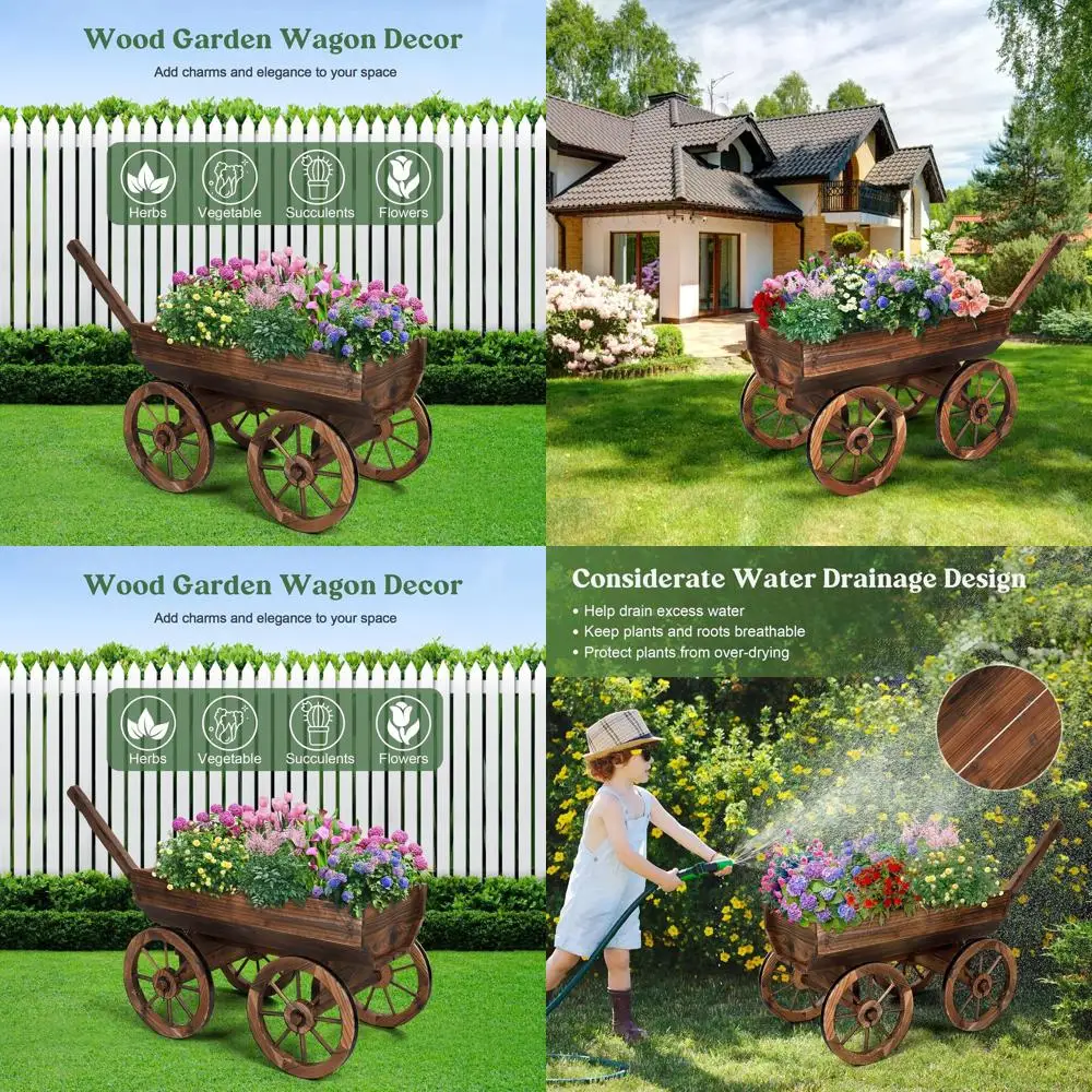 素朴な屋外木製プランターワゴン（車輪付き、バルコニーガーデン装飾用）