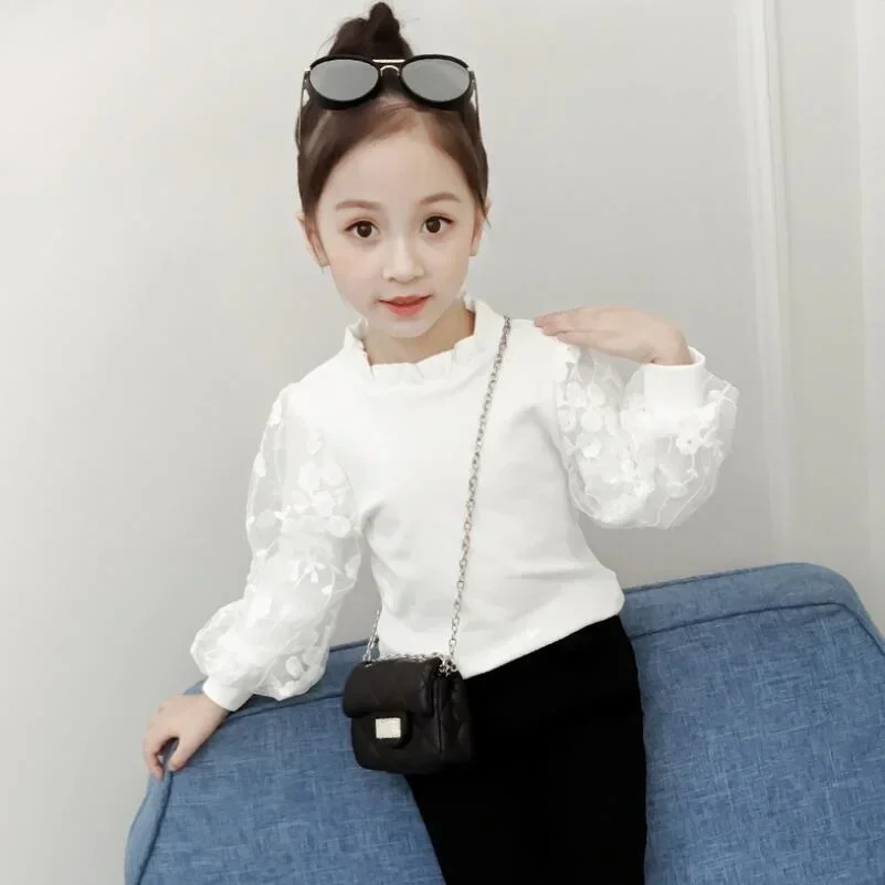 Long Sleeve Girl Shirt Kids Tops Children's Clothes Blouses 2024 Autumn Cotton Baby Toddler Girls Blouse White Puff