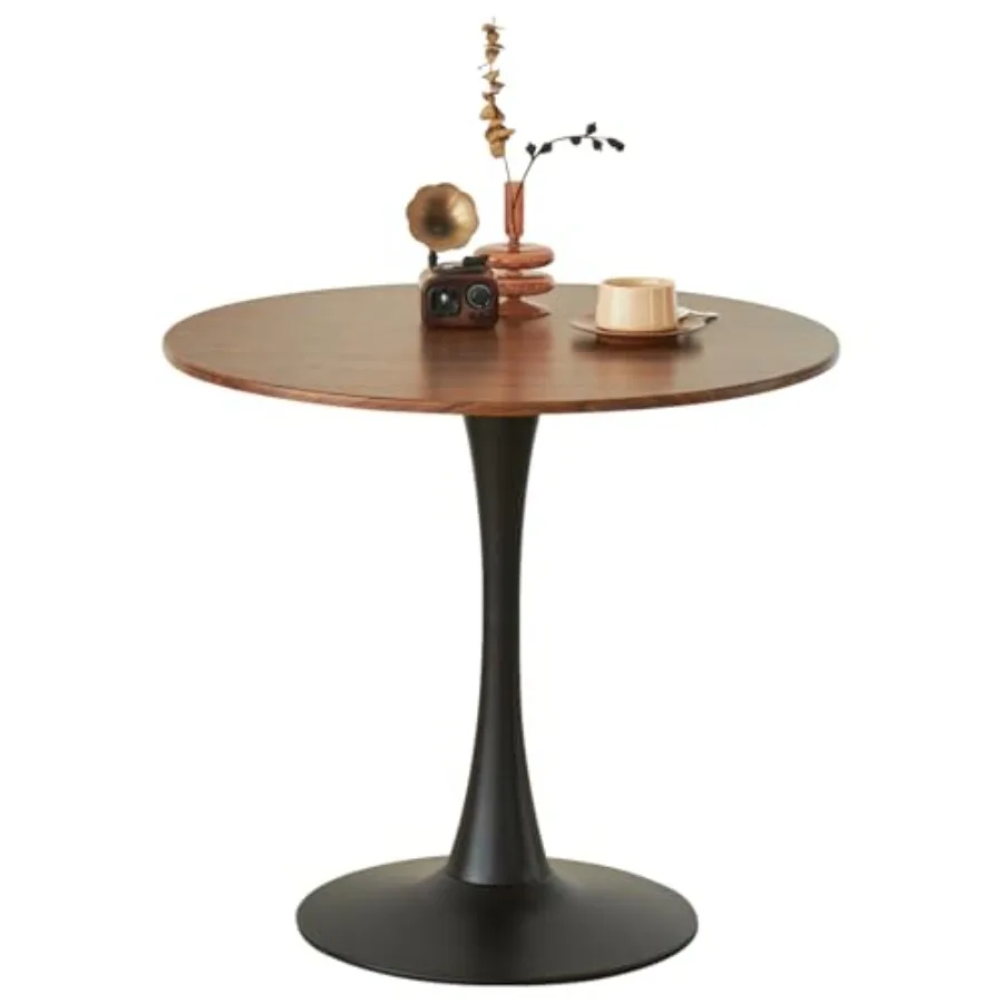 

Round Dining Tulip Table for 4 Mid-Century Modern Table with Sturdy Metal Pedestal for Kitchen Bistro Cafe Leisure Faux Walnut