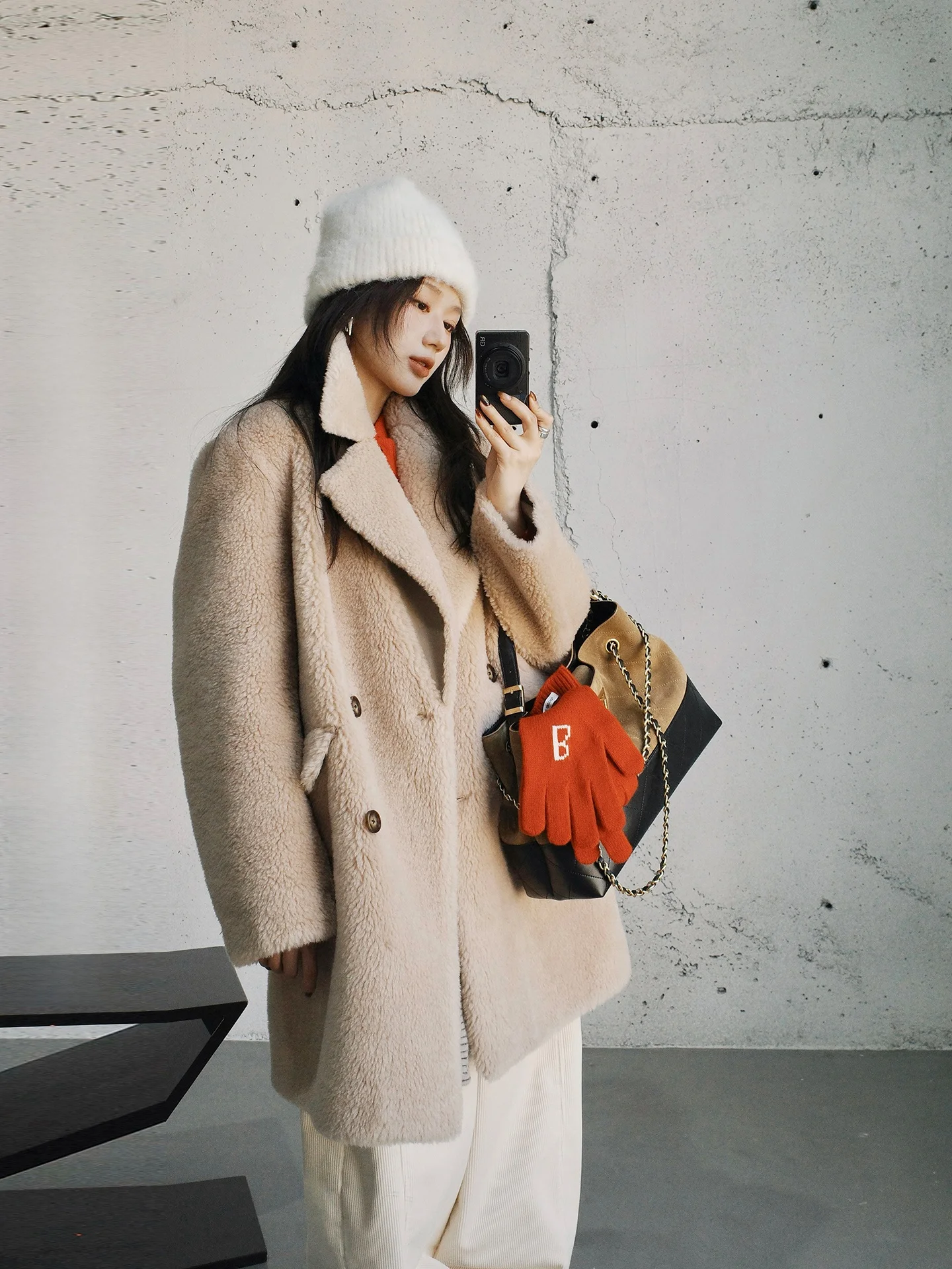 

Camelux Woolen Fur Jaet Double Row Buttons Mid-Length Simulation Leather Inteated Outerwear Youth Warm Pure Color Universal