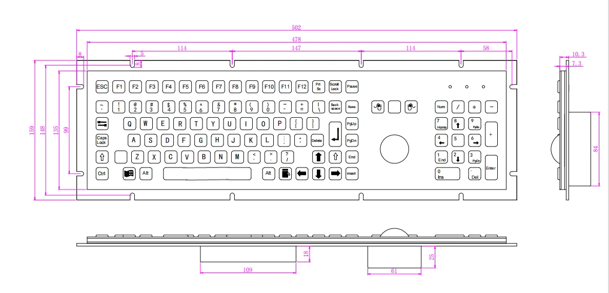 Imagem -05 - Teclado Industrial Luminoso do Metal com Trackball e Teclado Numérico Numérico de Aço Inoxidável 106 Chaves